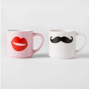 NEW Mustache & Lips Glazed Stoneware Mugs - Set of 2